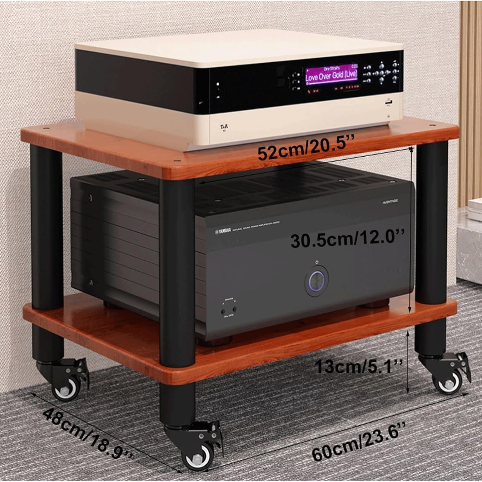 Amazon｜木製オーディオラック（キャスター付き）、1段ステレオラック